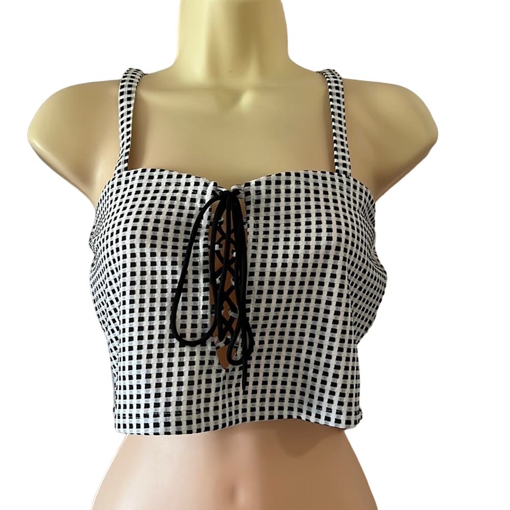 Ekklesia Black & White Check Lace Up Crop Top Junior Size Large Y2K